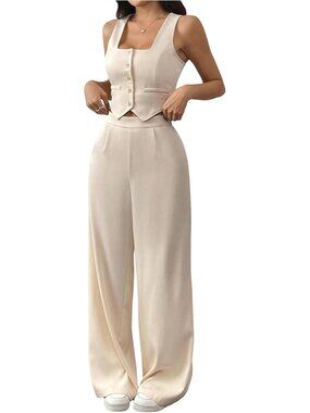 🆕Women Apricot 2 Piece Sets Wide Leg Pants Outfits Sleeveless Blazer Vest Suits
